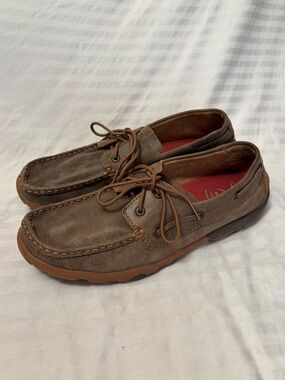Twisted X Boat Shoe Driving Moc Bomber Loafers Size 9.5 M Brown Leather WDM0003